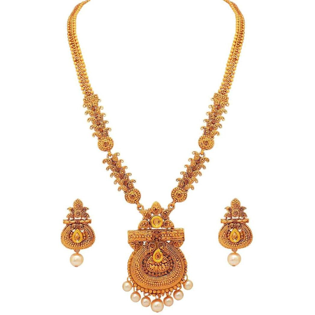 Shining Diva Fashion Stylish Long Design Necklace Wedding Traditional Jewellery Set For Women (Rrsd10471S, Antique Gold)