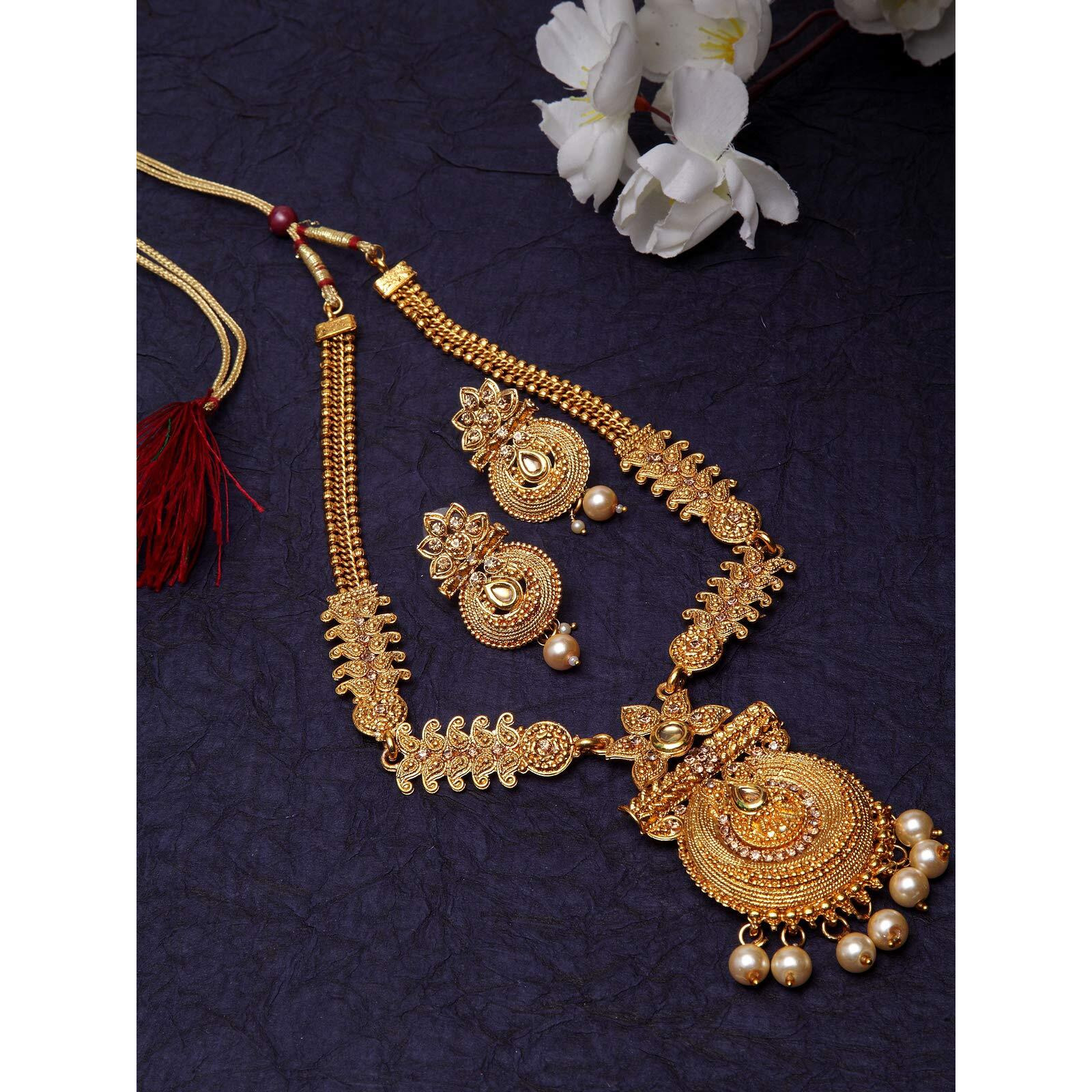 Shining Diva Fashion Stylish Long Design Necklace Wedding Traditional Jewellery Set For Women (Rrsd10471S, Antique Gold)