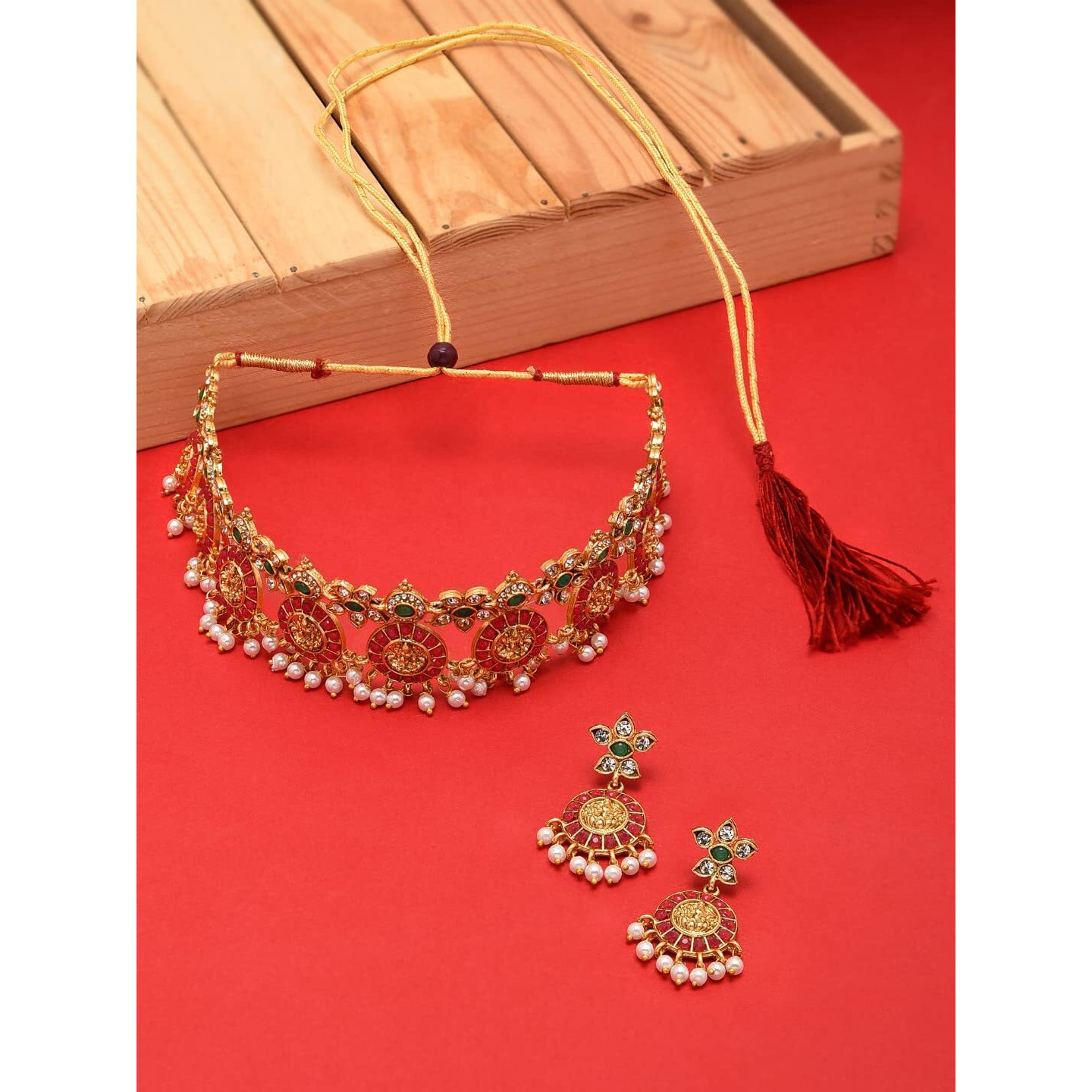 ZAVERI PEARLS Gold Tone Traditional Temple Choker Necklace Set For Women-ZPFK8983