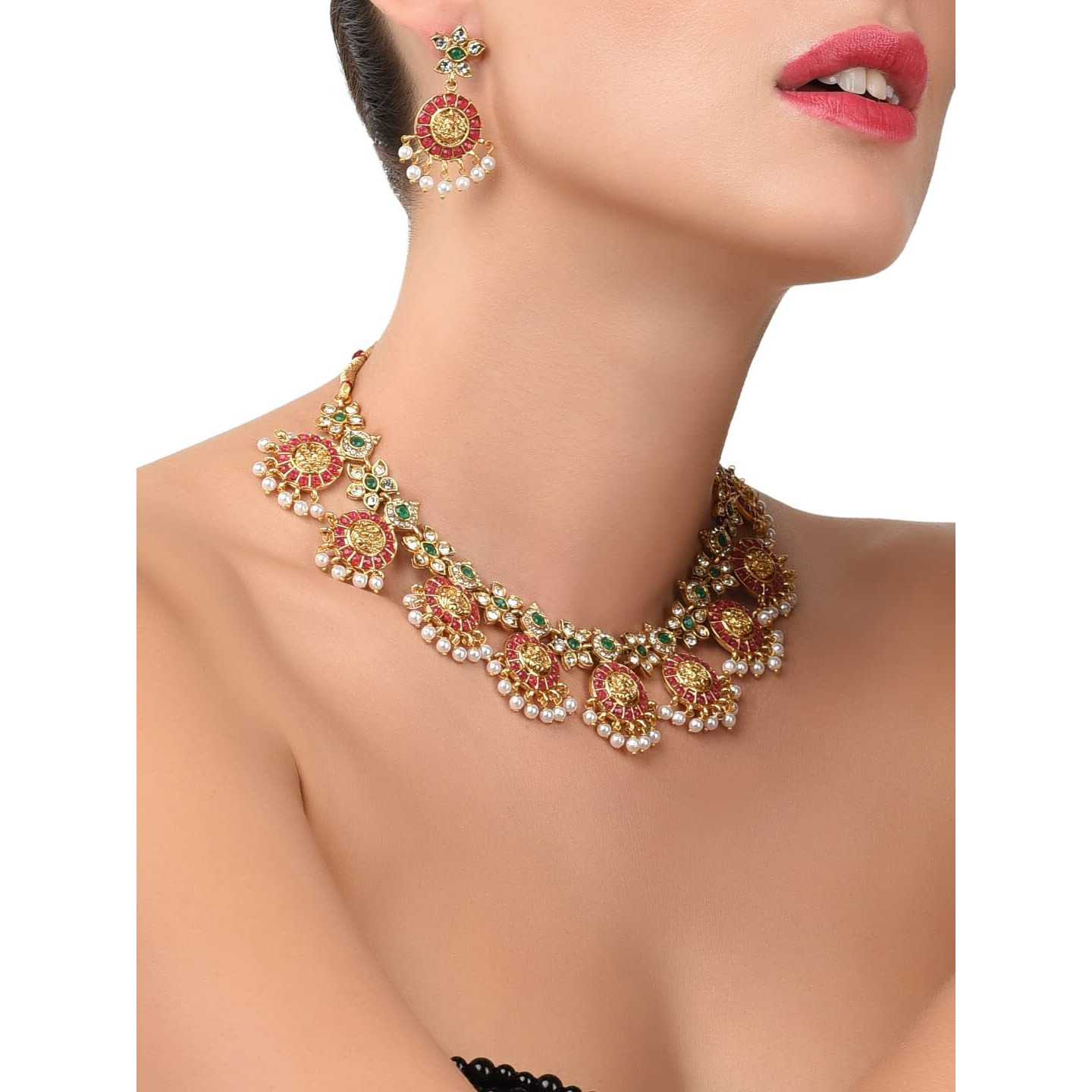 ZAVERI PEARLS Gold Tone Traditional Temple Choker Necklace Set For Women-ZPFK8983