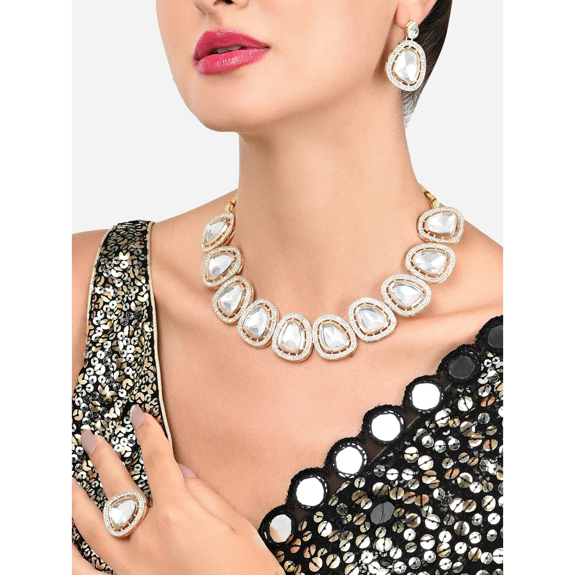 ZAVERI PEARLS Gold Tone Dazzling Kundan & Austrian Diamonds Necklace Earring & Ring Set For Women-ZPFK16067
