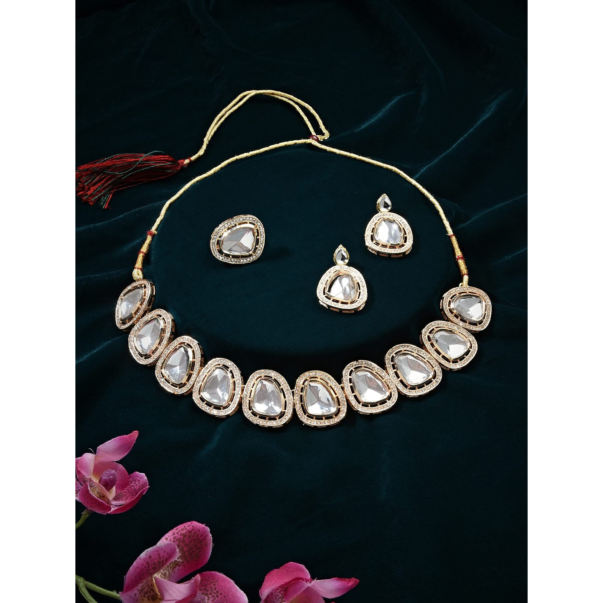 ZAVERI PEARLS Gold Tone Dazzling Kundan & Austrian Diamonds Necklace Earring & Ring Set For Women-ZPFK16067