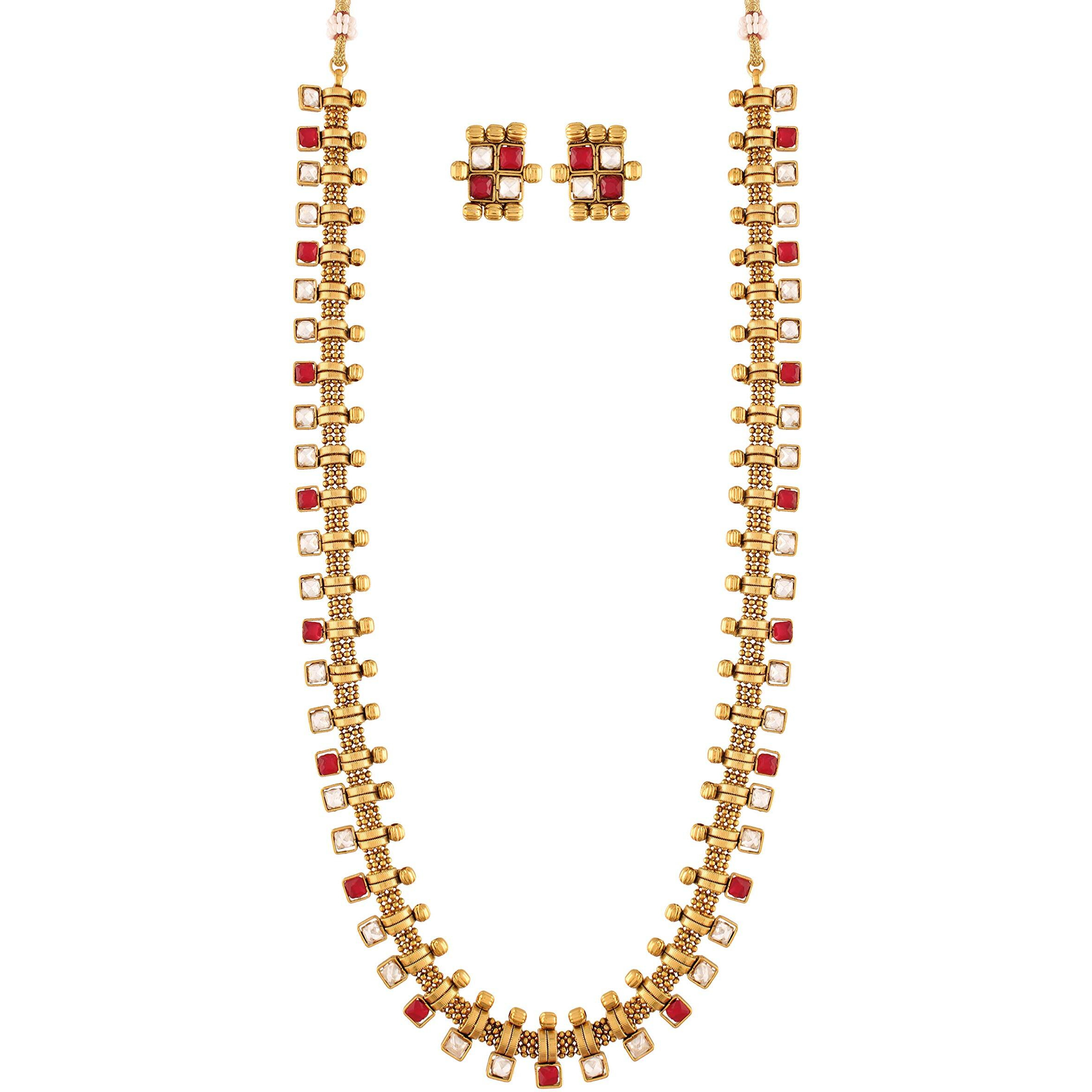 I Jewels 18K Gold Plated Traditional Stylish Multicolour Stone Work Long Necklace With Earrings For Women & Girls (MC041Q)
