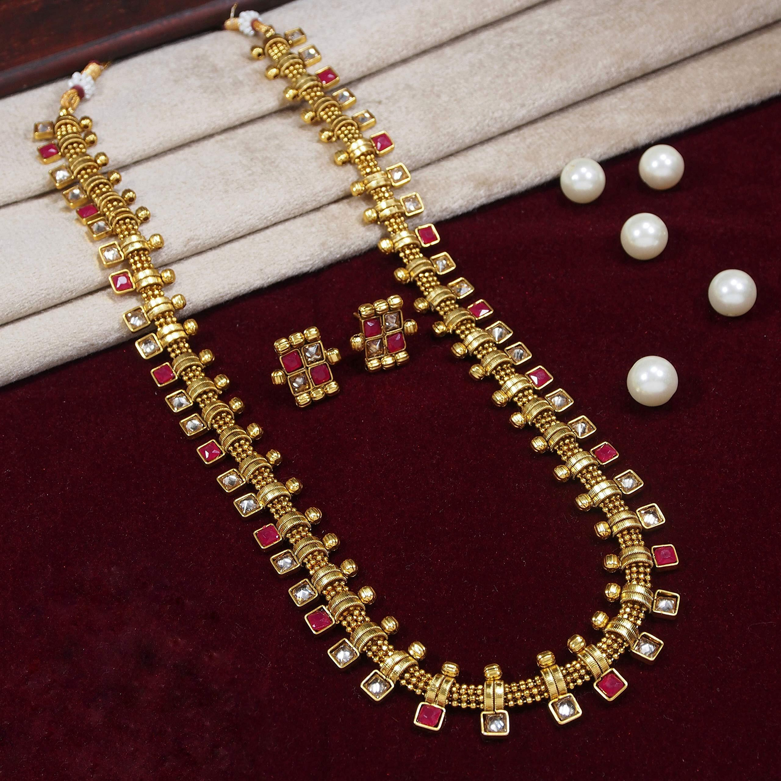 I Jewels 18K Gold Plated Traditional Stylish Multicolour Stone Work Long Necklace With Earrings For Women & Girls (MC041Q)