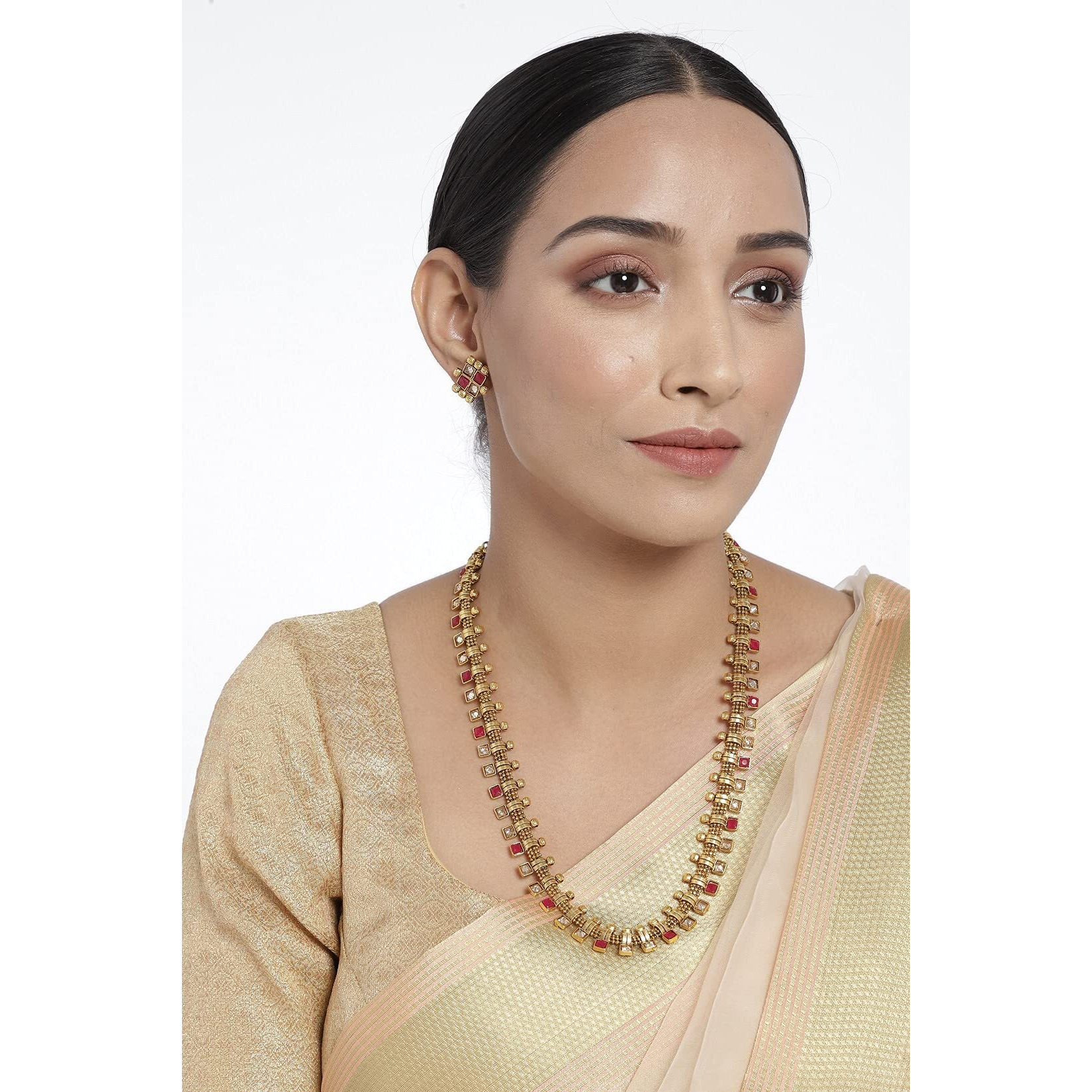I Jewels 18K Gold Plated Traditional Stylish Multicolour Stone Work Long Necklace With Earrings For Women & Girls (MC041Q)
