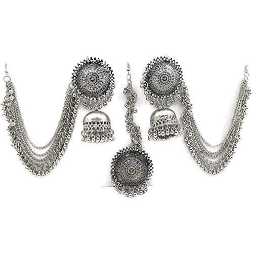 Shining Diva Fashion Latest Oxidised Silver Antique Design Stylish Traditional Maang Tikka Jhumka Earrings Jewellery Set for Girls (Silver) (12003s)