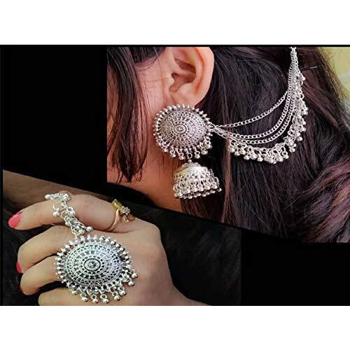 Shining Diva Fashion Latest Oxidised Silver Antique Design Stylish Traditional Maang Tikka Jhumka Earrings Jewellery Set for Girls (Silver) (12003s)