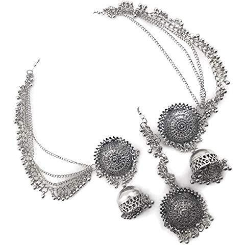 Shining Diva Fashion Latest Oxidised Silver Antique Design Stylish Traditional Maang Tikka Jhumka Earrings Jewellery Set for Girls (Silver) (12003s)
