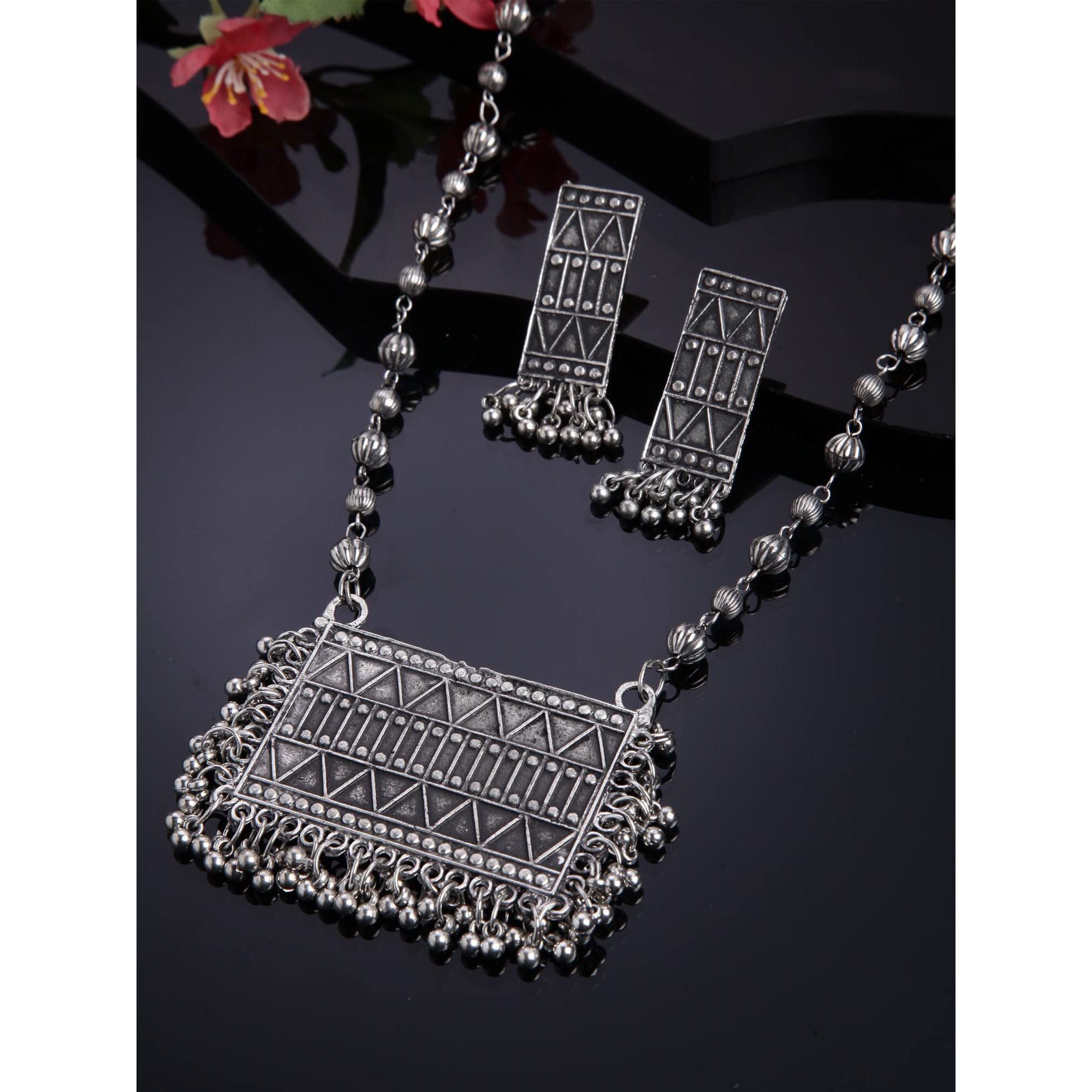 Shining Diva Fashion Latest Stylish Traditional Oxidised Silver Necklace Jewellery Set for Women (13102s)