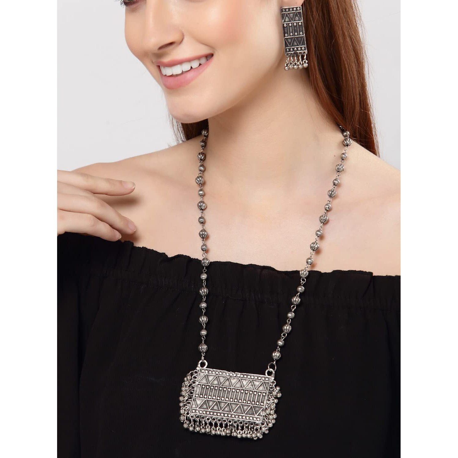 Shining Diva Fashion Latest Stylish Traditional Oxidised Silver Necklace Jewellery Set for Women (13102s)