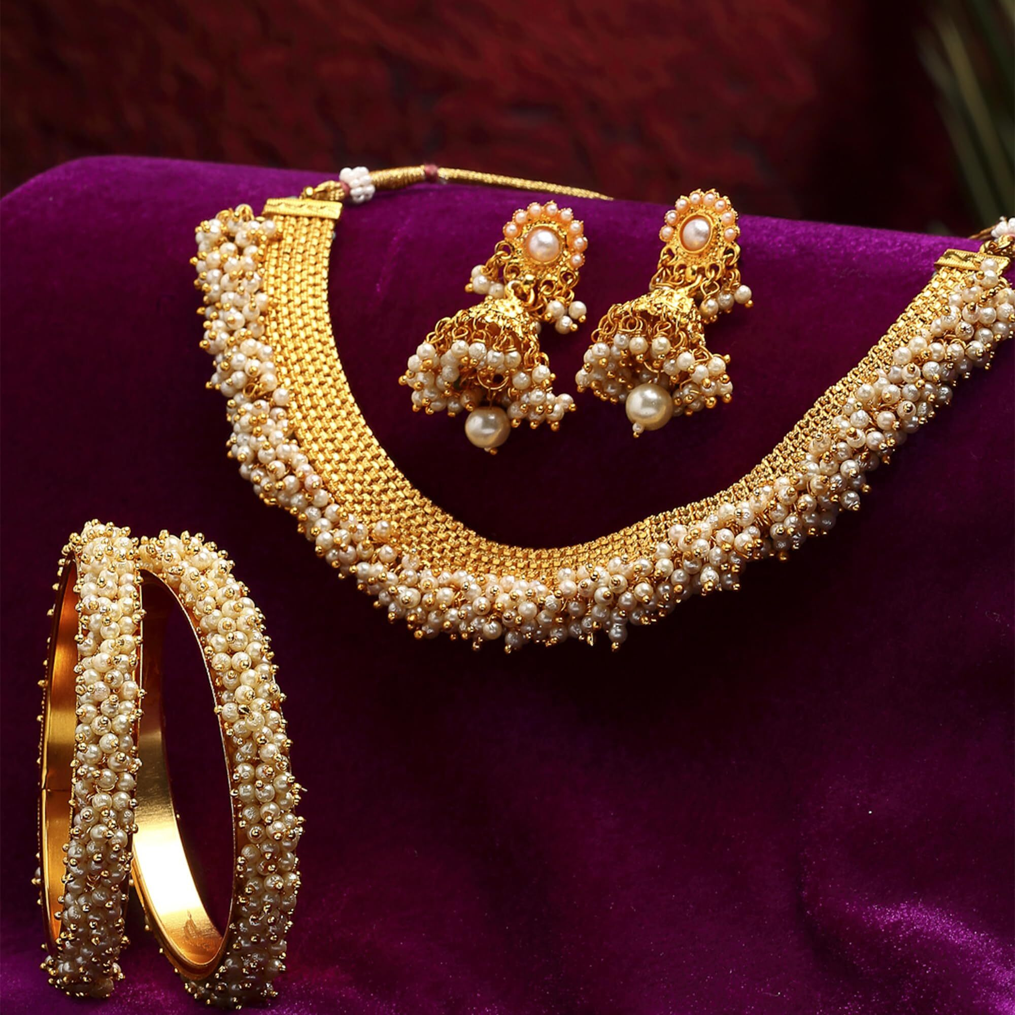ZENEME Jewellery Set Gold Plated Pearl Wedding Bridal Necklace Jewellery With Earrings and Bangle Combo for Girl and Women (2.4, Gold) (White, 2.4)