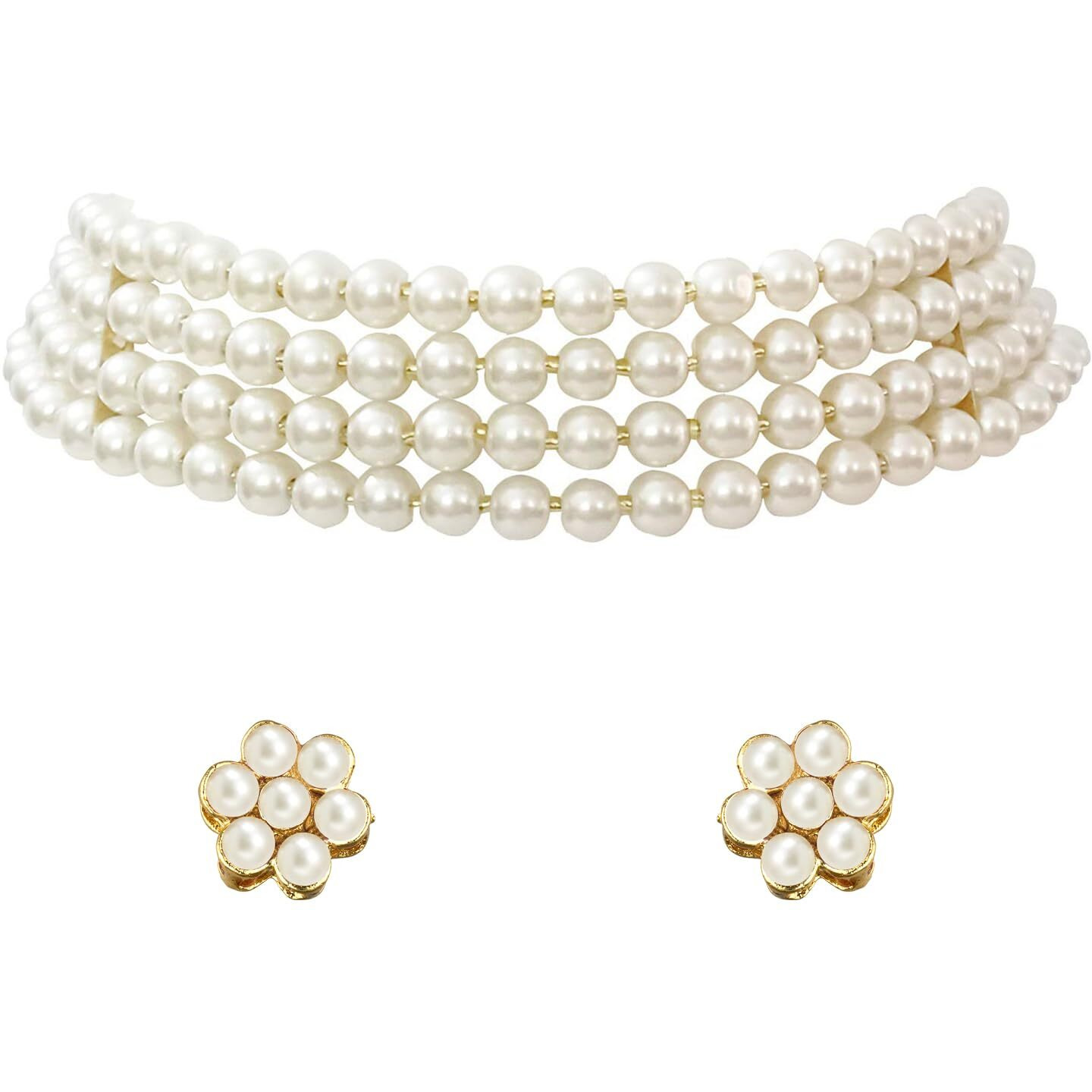 Peora Gold Plated Pearl Beaded Choker Necklace with Stud Earrings for Women Traditional Jewellery Set
