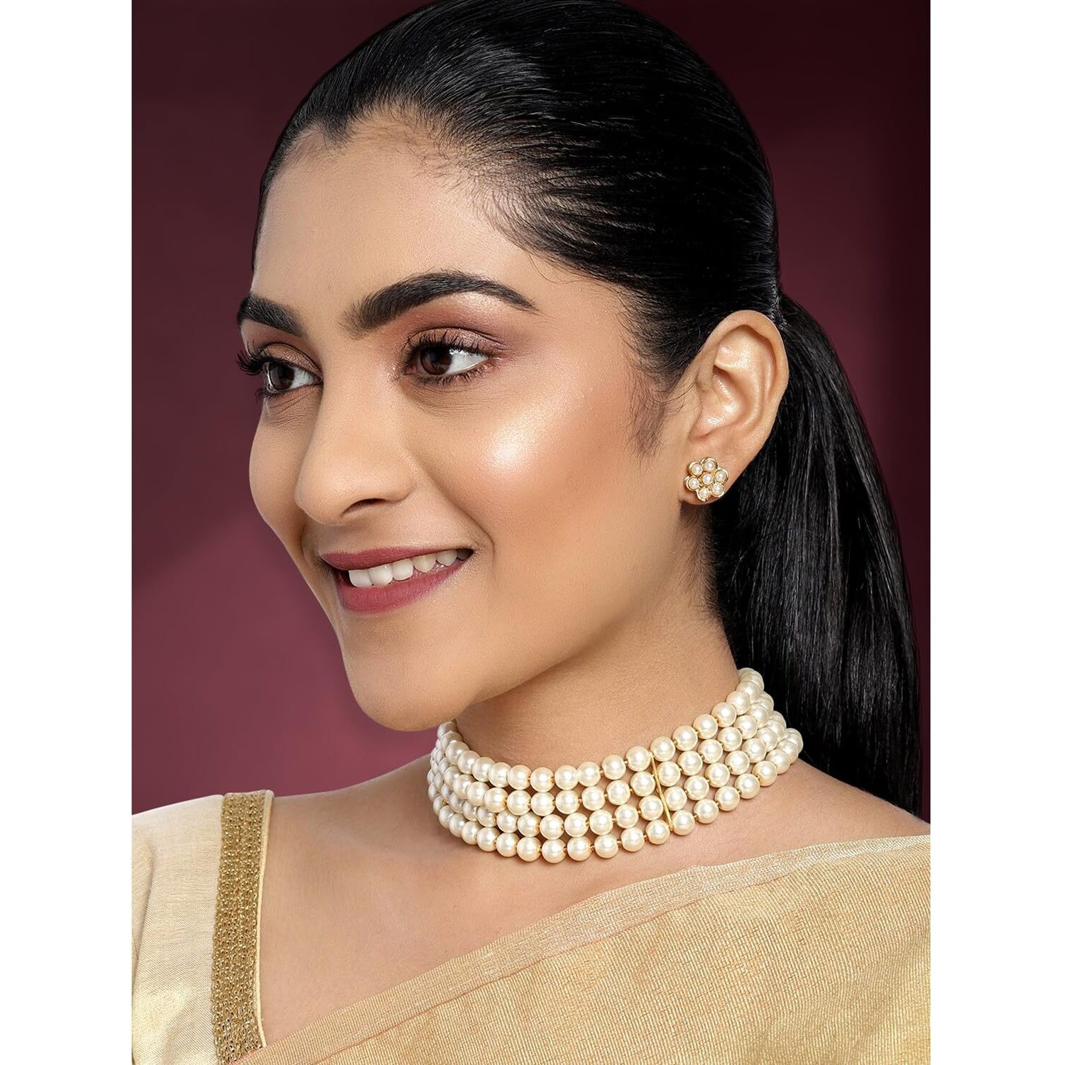 Peora Gold Plated Pearl Beaded Choker Necklace with Stud Earrings for Women Traditional Jewellery Set