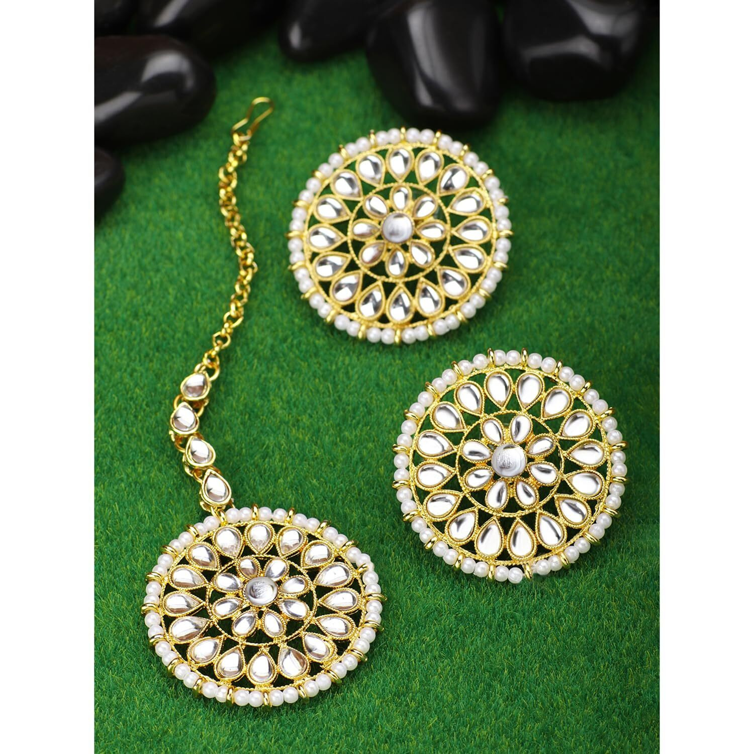 Peora 18K Gold Plated Kundan Pearl Royal Round Earring Maang Tikka Set Indian Traditional Jewellery for Women Girls