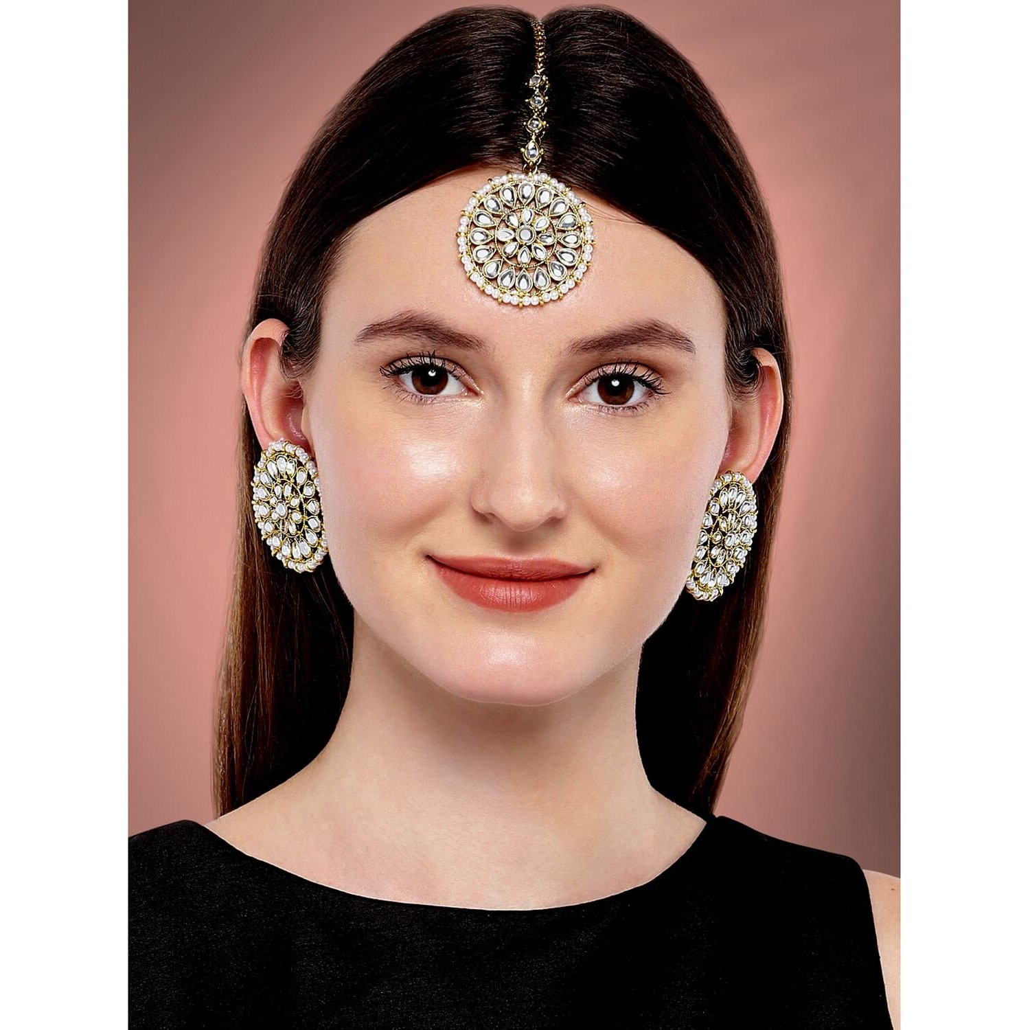 Peora 18K Gold Plated Kundan Pearl Royal Round Earring Maang Tikka Set Indian Traditional Jewellery for Women Girls