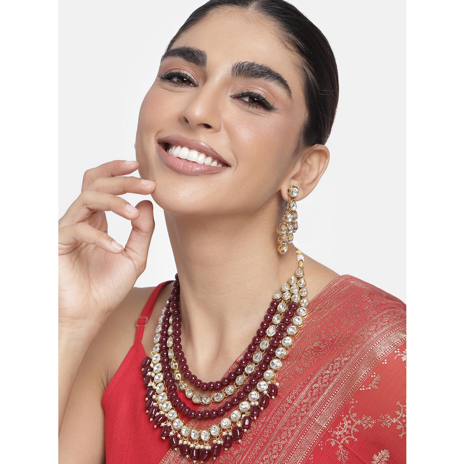 Peora Maroon Gold Plated Kundan Long Necklace Earring Indian Traditional Jewellery Set for Women
