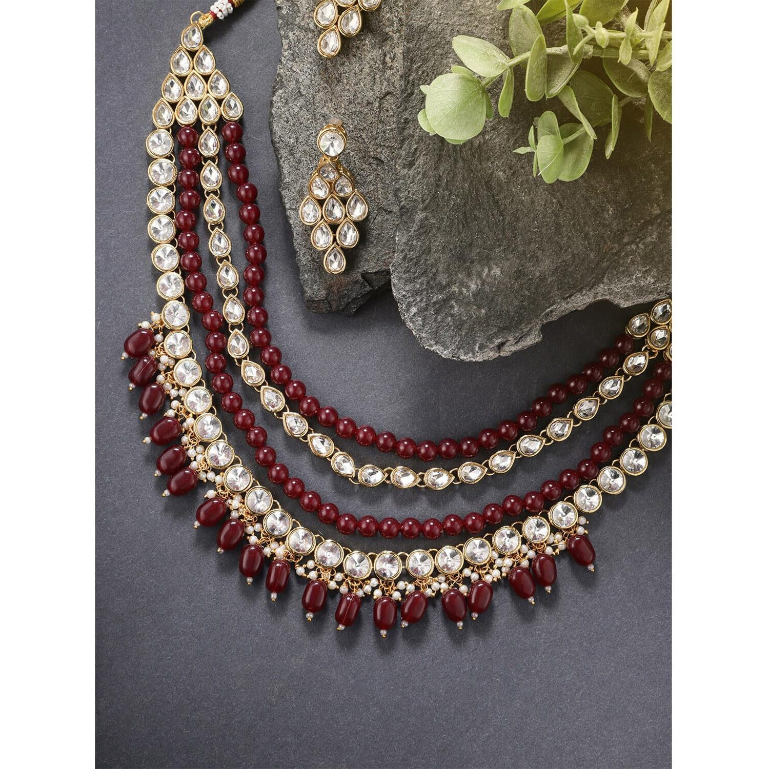 Peora Maroon Gold Plated Kundan Long Necklace Earring Indian Traditional Jewellery Set for Women