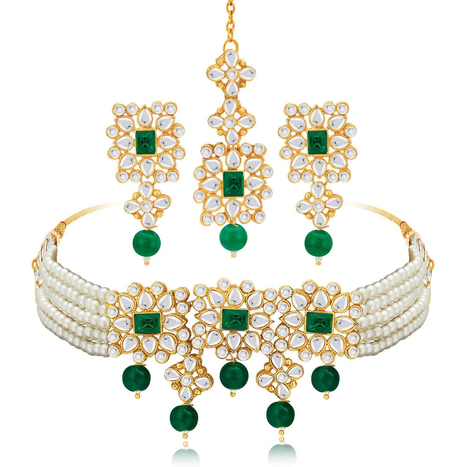 Peora Gold Plated Pearl Beaded Adjustable Choker Necklace with Earring Maang Tikka Jewellery Set For Women
