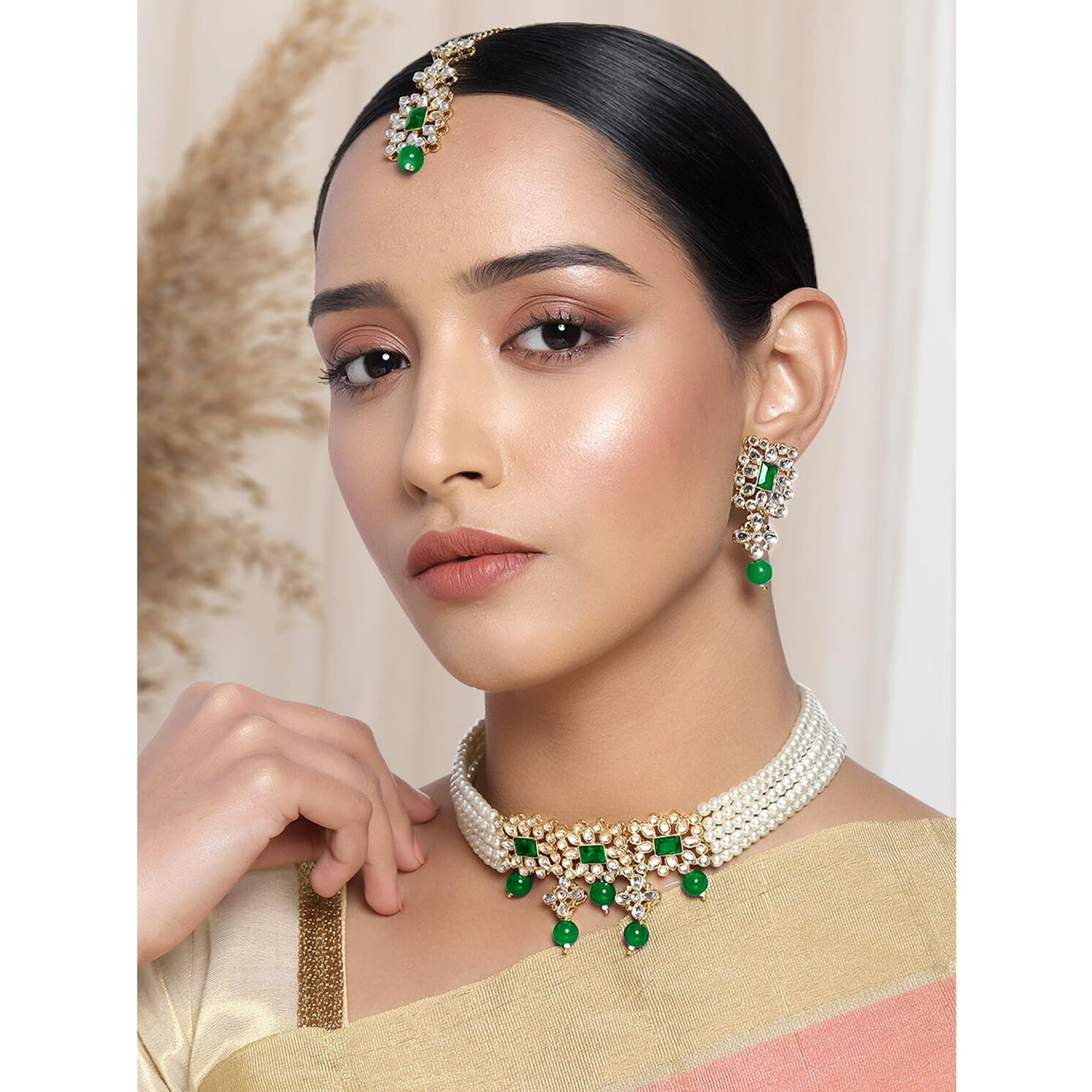 Peora Gold Plated Pearl Beaded Adjustable Choker Necklace with Earring Maang Tikka Jewellery Set For Women