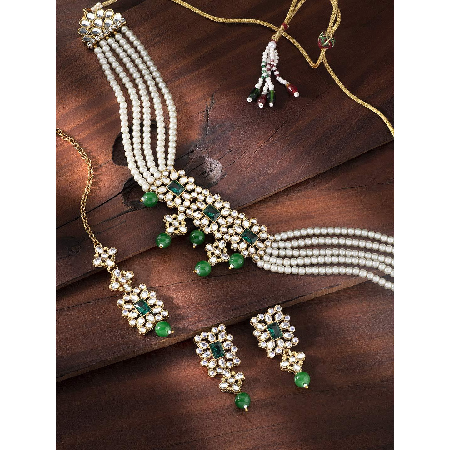 Peora Gold Plated Pearl Beaded Adjustable Choker Necklace with Earring Maang Tikka Jewellery Set For Women