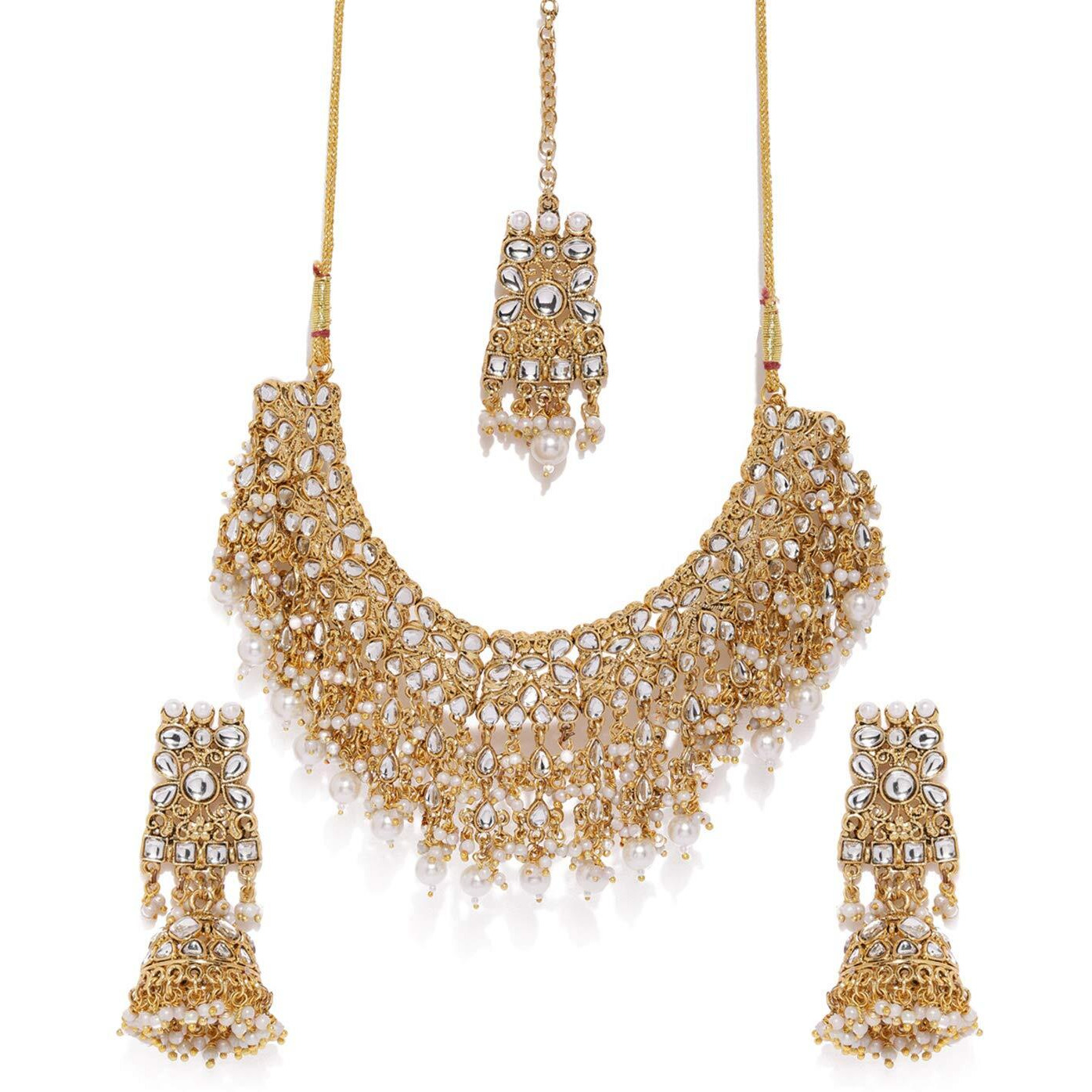 ZAVERI PEARLS Gold Tone Kundan & Pearls Bridal Choker Necklace Set For Women-ZPFK8454