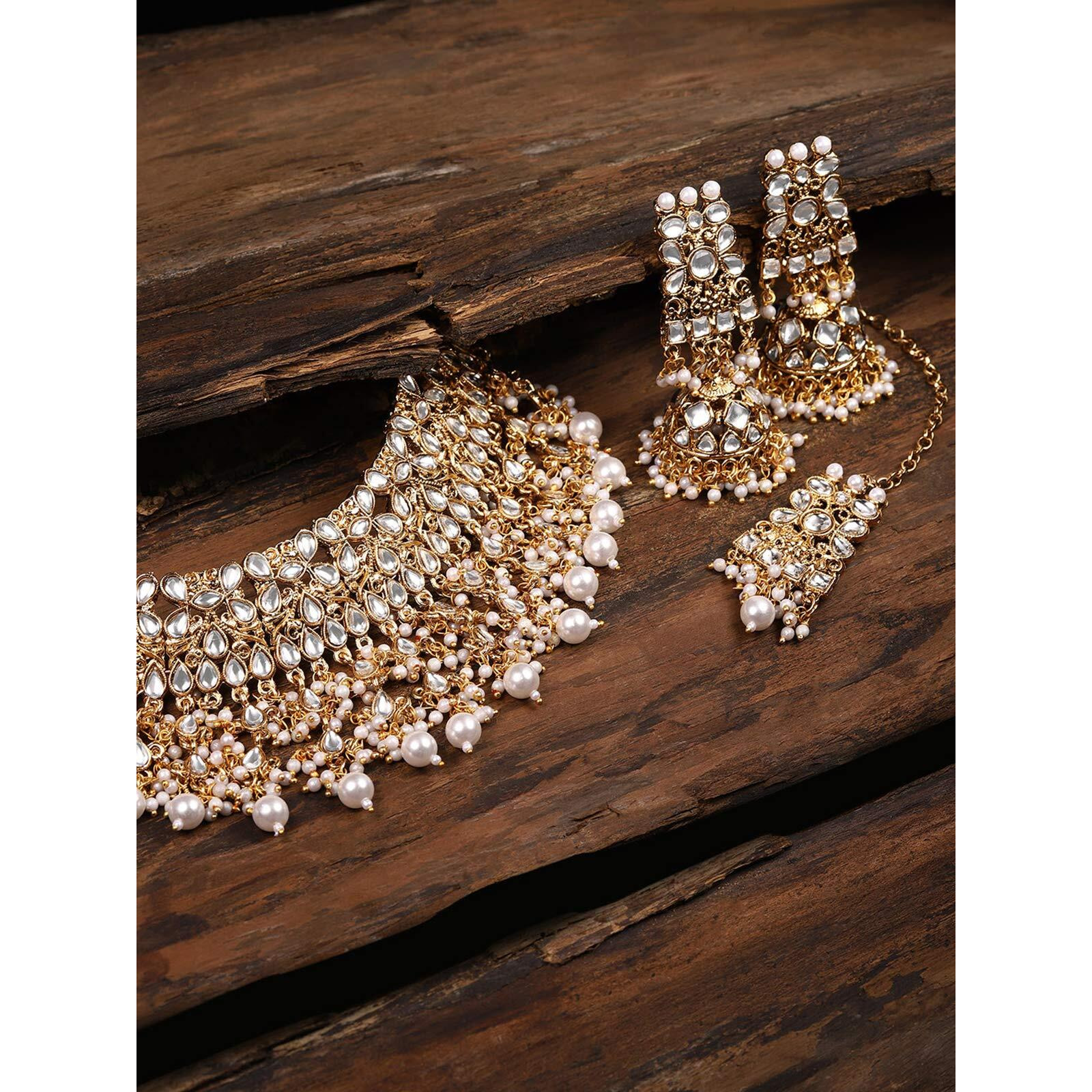 ZAVERI PEARLS Gold Tone Kundan & Pearls Bridal Choker Necklace Set For Women-ZPFK8454