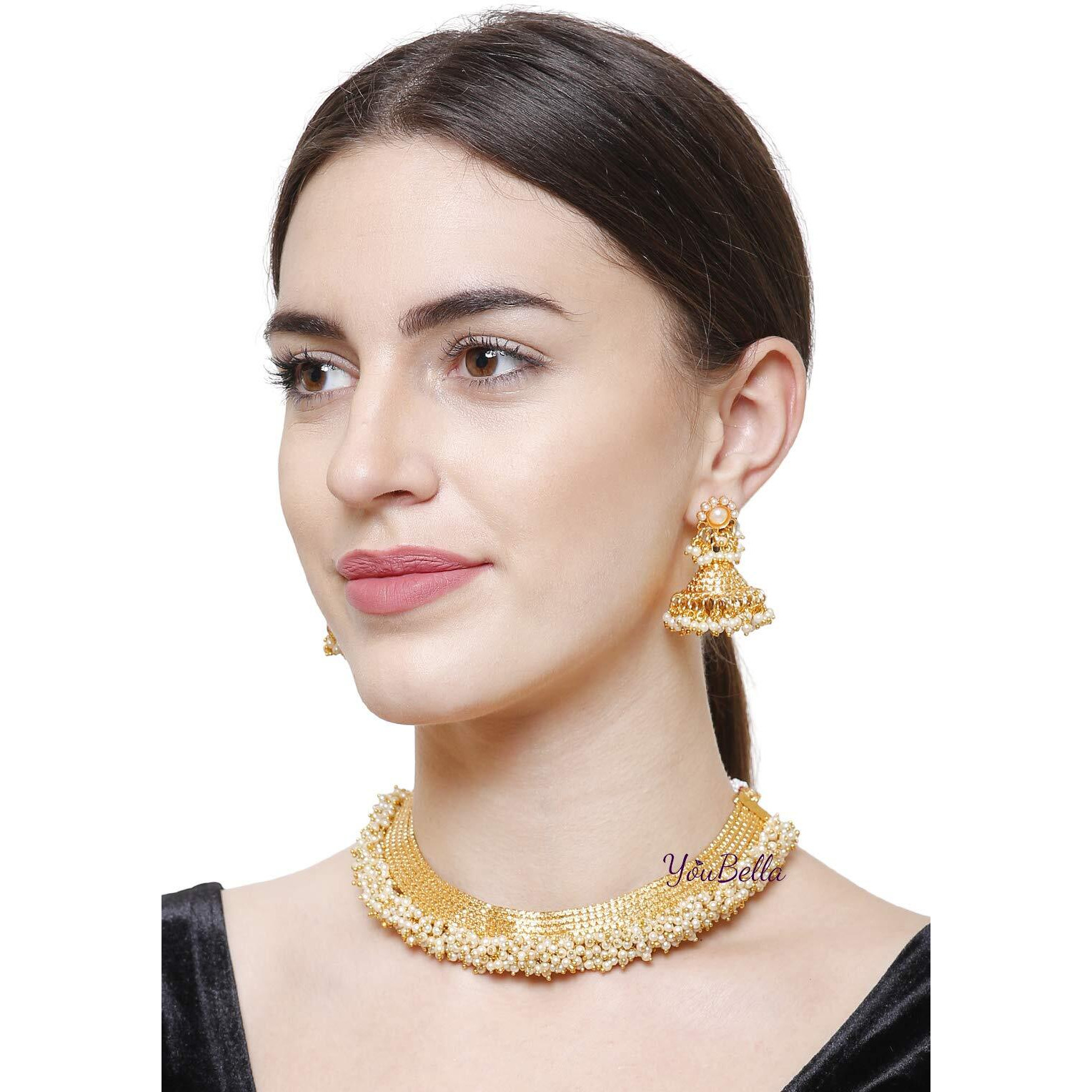 YouBella Jewellery set for women Gold Plated Pearl Necklace Set Traditional Temple Choker Necklace Set for women/Jewellery Set with Earrings for Girls and Women