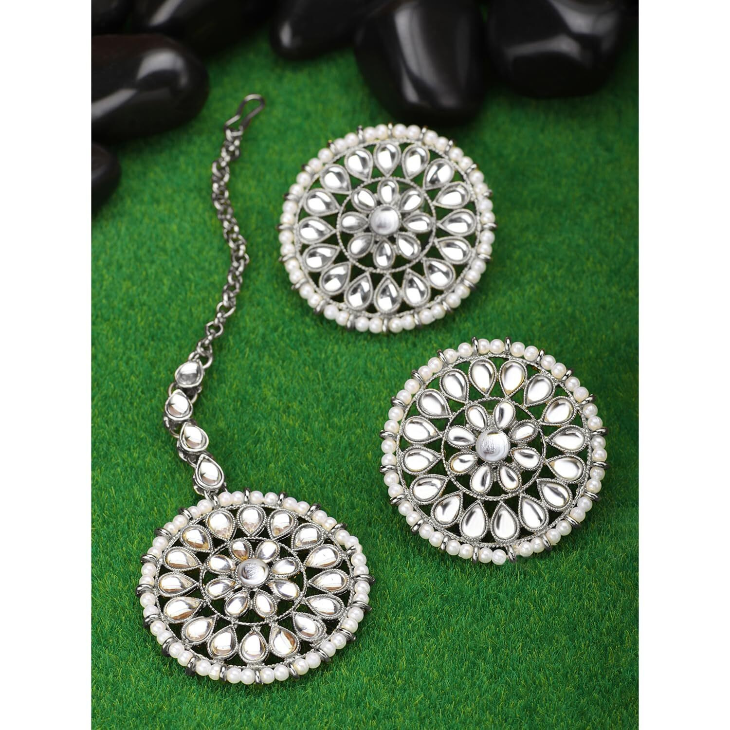 Peora 18K Gold Plated Kundan Pearl Royal Round Earring Maang Tikka Set Indian Traditional Jewellery for Women Girls (Silver-White)