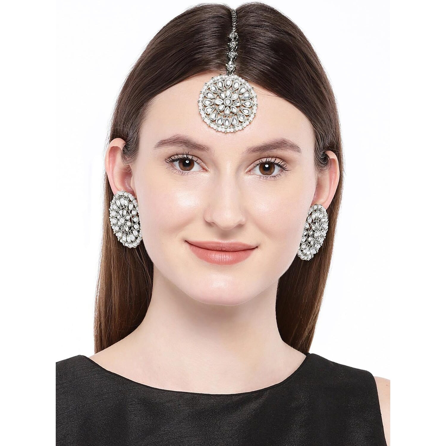 Peora 18K Gold Plated Kundan Pearl Royal Round Earring Maang Tikka Set Indian Traditional Jewellery for Women Girls (Silver-White)