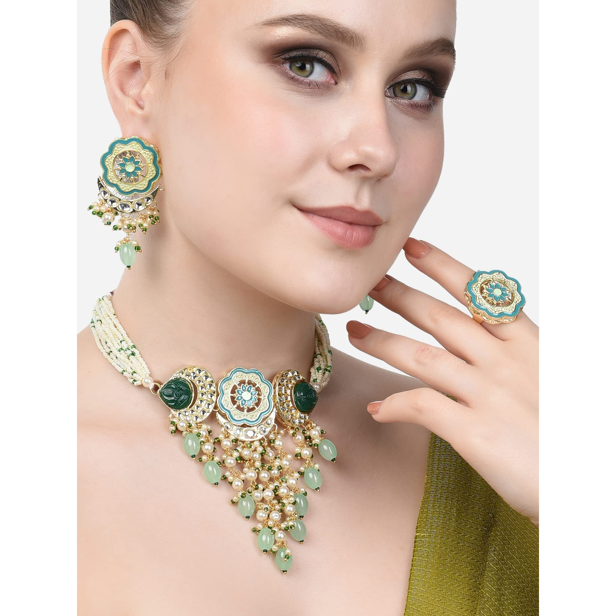 ZAVERI PEARLS Turquoise Blue & Green Meenakari Cascading Waterfall Beads Necklace Earring & Ring Set For Women-ZPFK14607