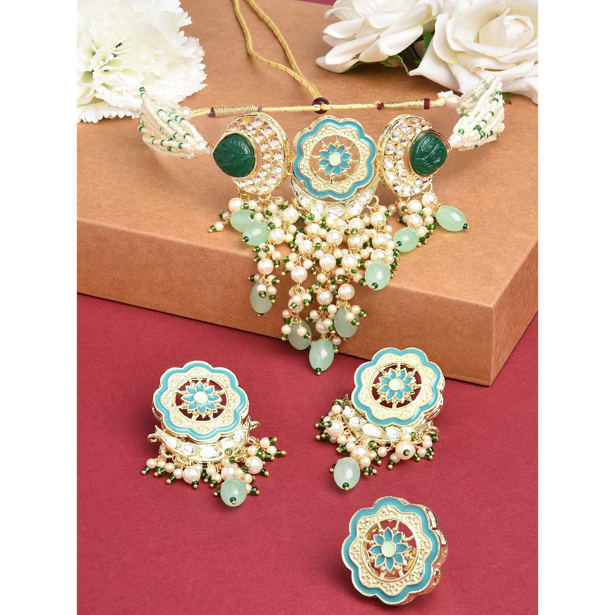 ZAVERI PEARLS Turquoise Blue & Green Meenakari Cascading Waterfall Beads Necklace Earring & Ring Set For Women-ZPFK14607