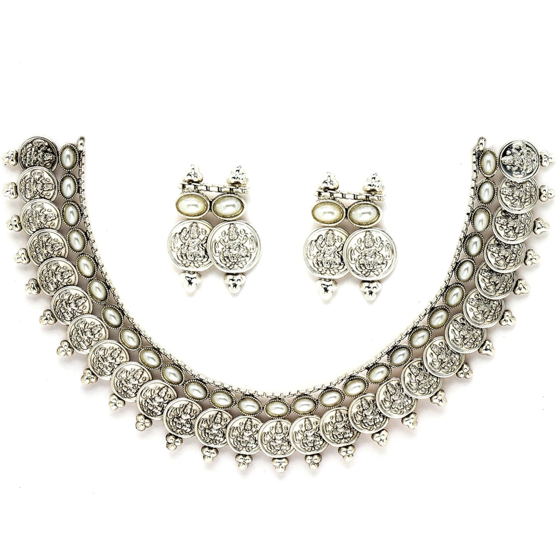 ZENEME New Antique Oxidised Silver Plated Traditional Temple Coin Red American Diamond Studded Necklace With Earrings Jewellery For Women & Girls (White)