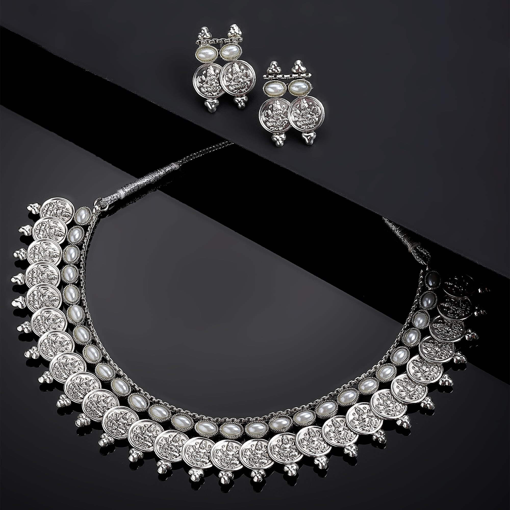 ZENEME New Antique Oxidised Silver Plated Traditional Temple Coin Red American Diamond Studded Necklace With Earrings Jewellery For Women & Girls (White)