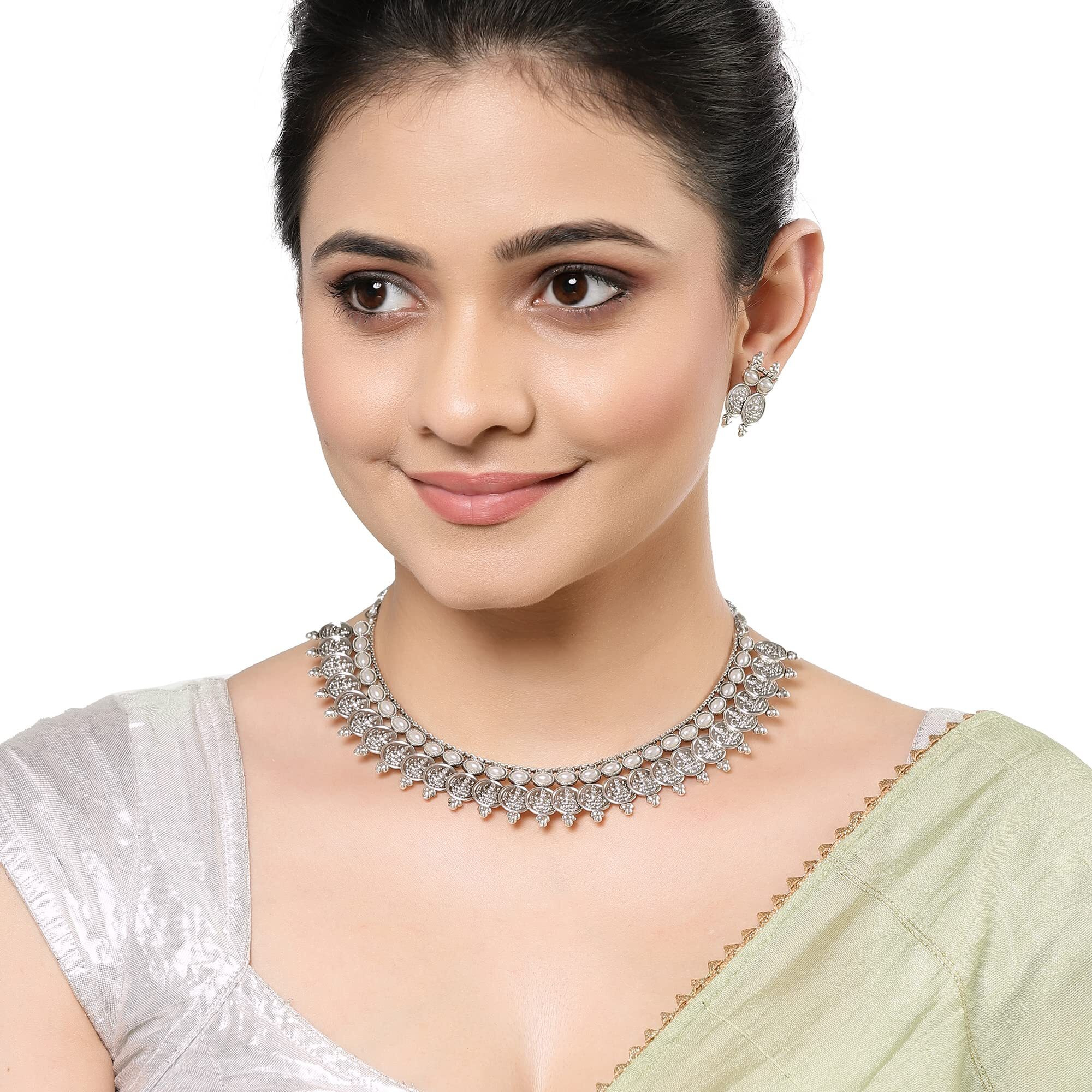 ZENEME New Antique Oxidised Silver Plated Traditional Temple Coin Red American Diamond Studded Necklace With Earrings Jewellery For Women & Girls (White)
