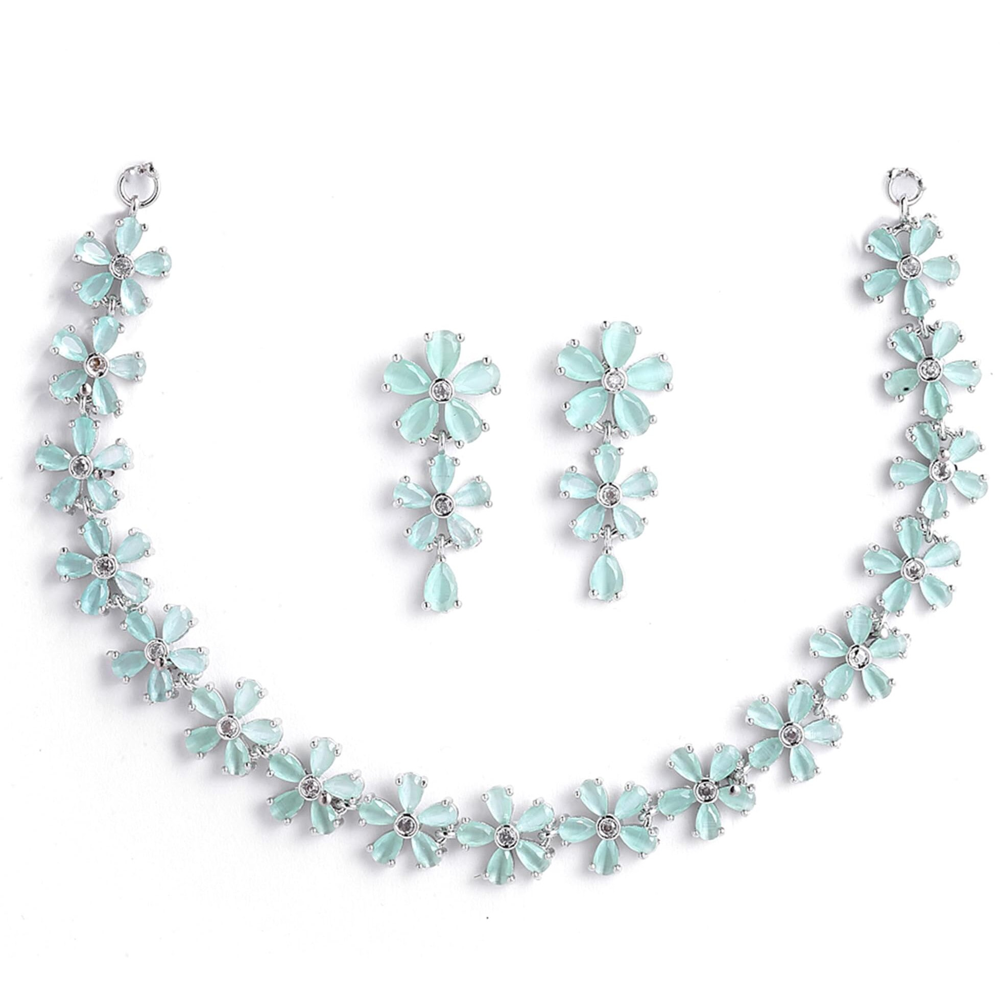ZENEME Rhodium Plated Silver Toned White American Diamond Studded Flower Shaped Jewellery Set For Girls and Women (Sea Green)