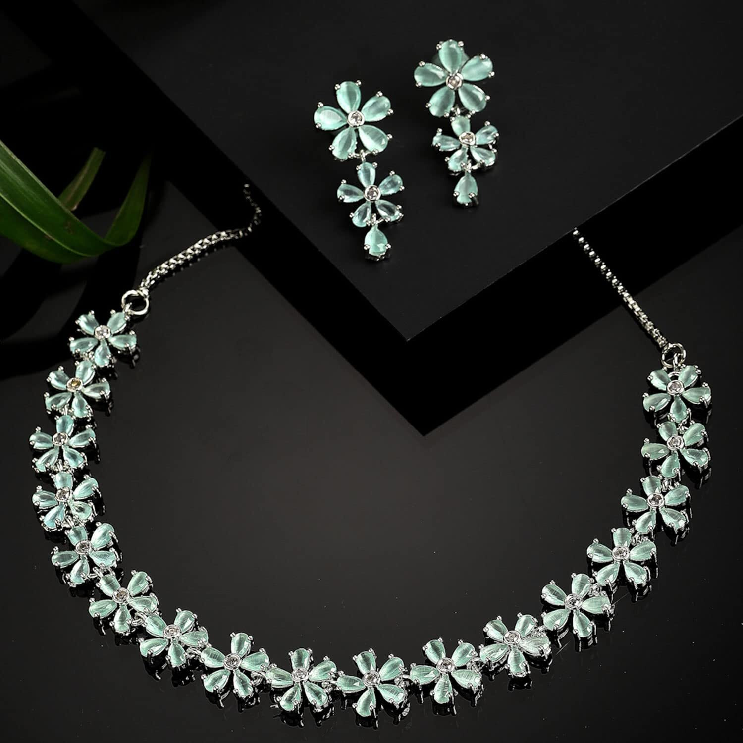 ZENEME Rhodium Plated Silver Toned White American Diamond Studded Flower Shaped Jewellery Set For Girls and Women (Sea Green)