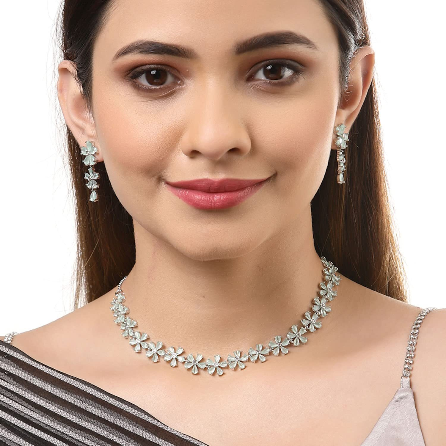 ZENEME Rhodium Plated Silver Toned White American Diamond Studded Flower Shaped Jewellery Set For Girls and Women (Sea Green)