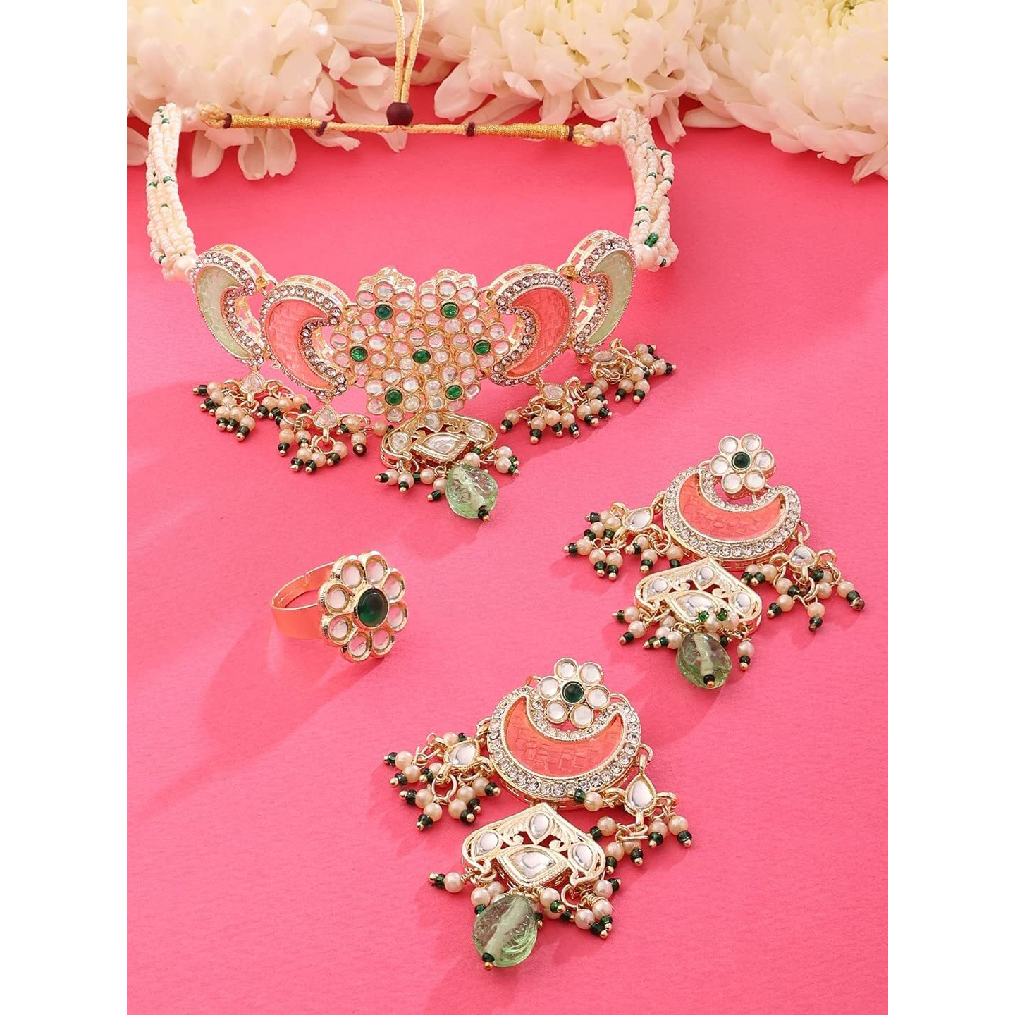 ZAVERI PEARLS Pink Green Stones Beads Multistrand Kundan Choker Necklace Earring & Ring Set For Women-ZPFK15652
