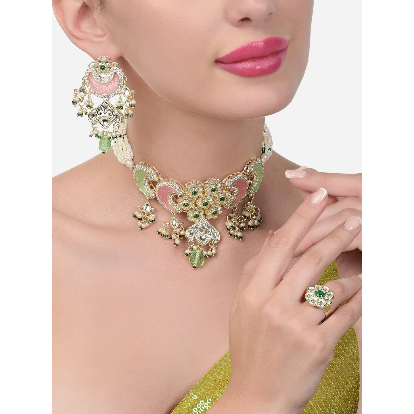 ZAVERI PEARLS Pink Green Stones Beads Multistrand Kundan Choker Necklace Earring & Ring Set For Women-ZPFK15652