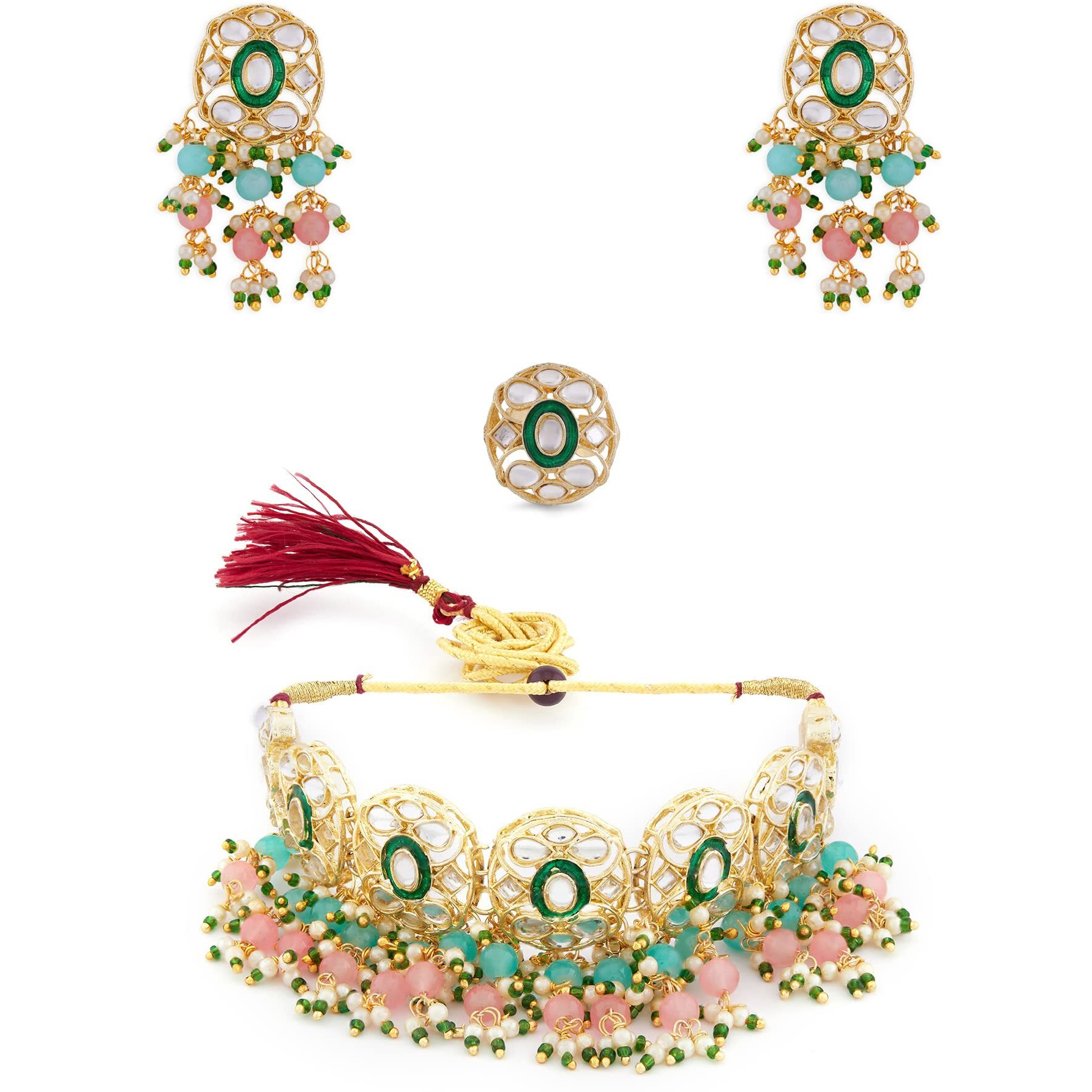 ZAVERI PEARLS Pink & Green Beads Cluster Drops Kundan Choker Necklace Earring & Ring Set For Women-ZPFK13800