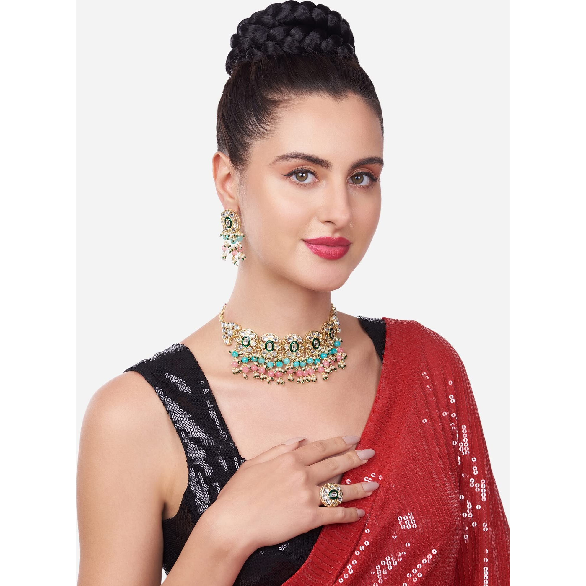 ZAVERI PEARLS Pink & Green Beads Cluster Drops Kundan Choker Necklace Earring & Ring Set For Women-ZPFK13800