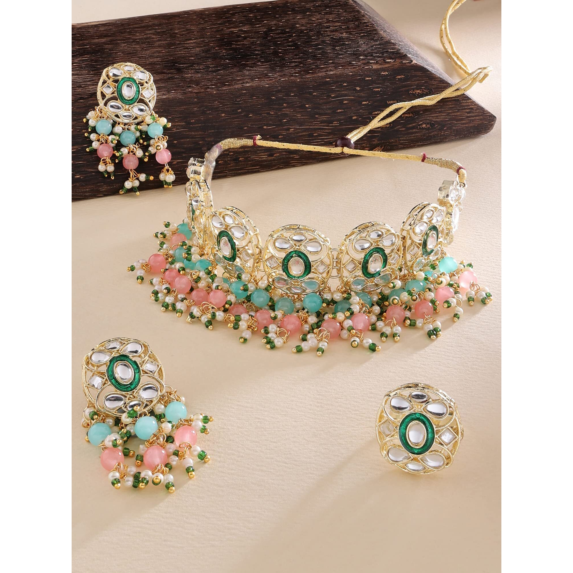 ZAVERI PEARLS Pink & Green Beads Cluster Drops Kundan Choker Necklace Earring & Ring Set For Women-ZPFK13800