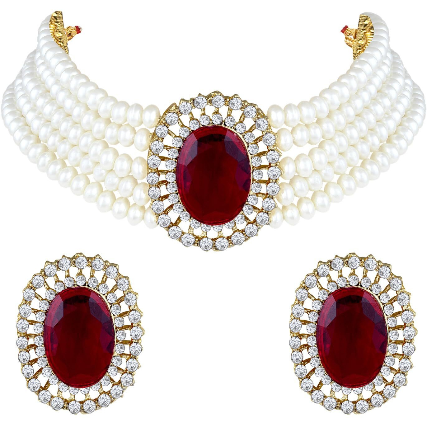 Peora Gold Plated Oval Maroon Stone Beaded Adjustable Necklace Jewellery Set for Women Girls