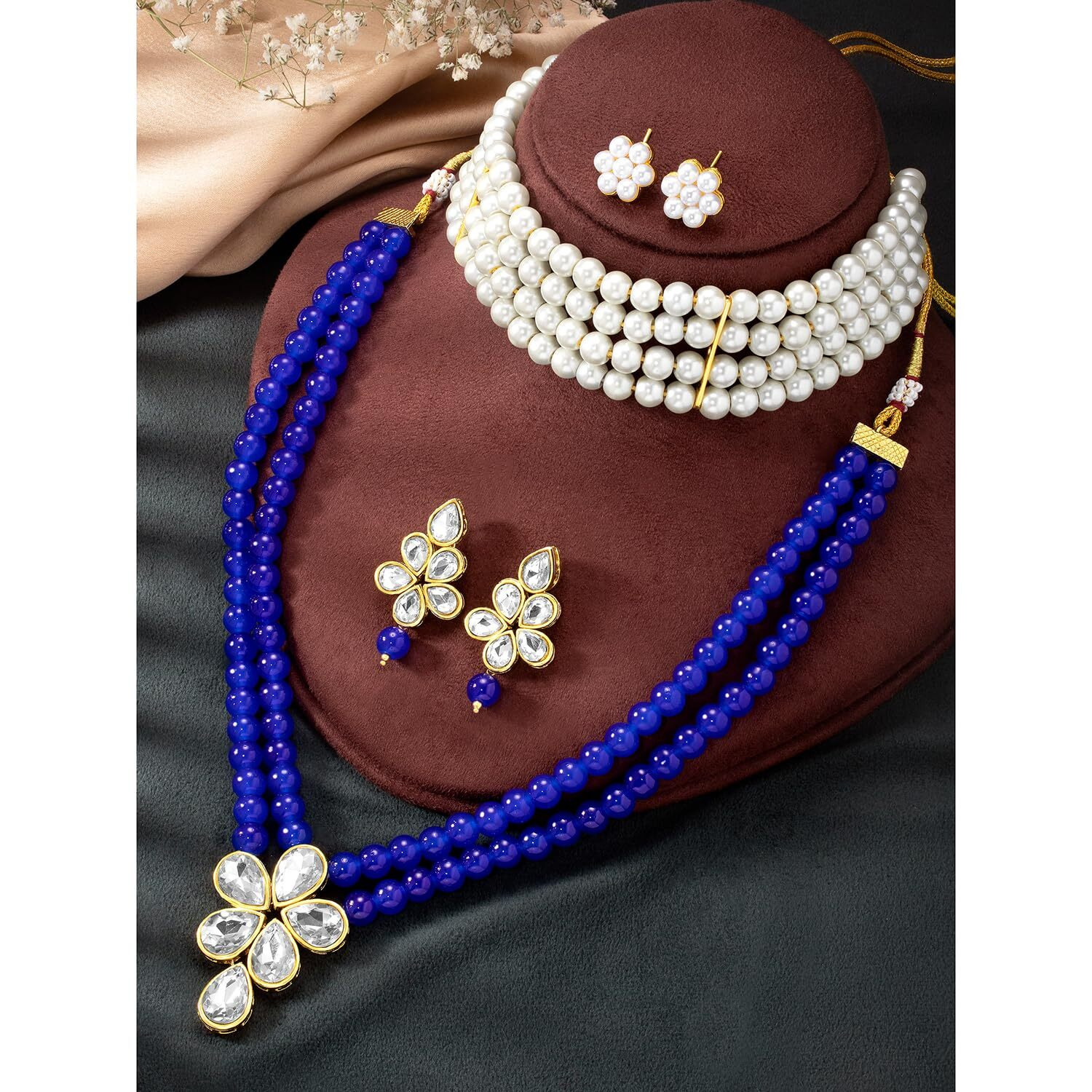 Peora Gold Plated Crystal Pearl Long Necklace with Drop Earrings Traditional Ethnic Jewellery Set for Women Girls | Blue & White