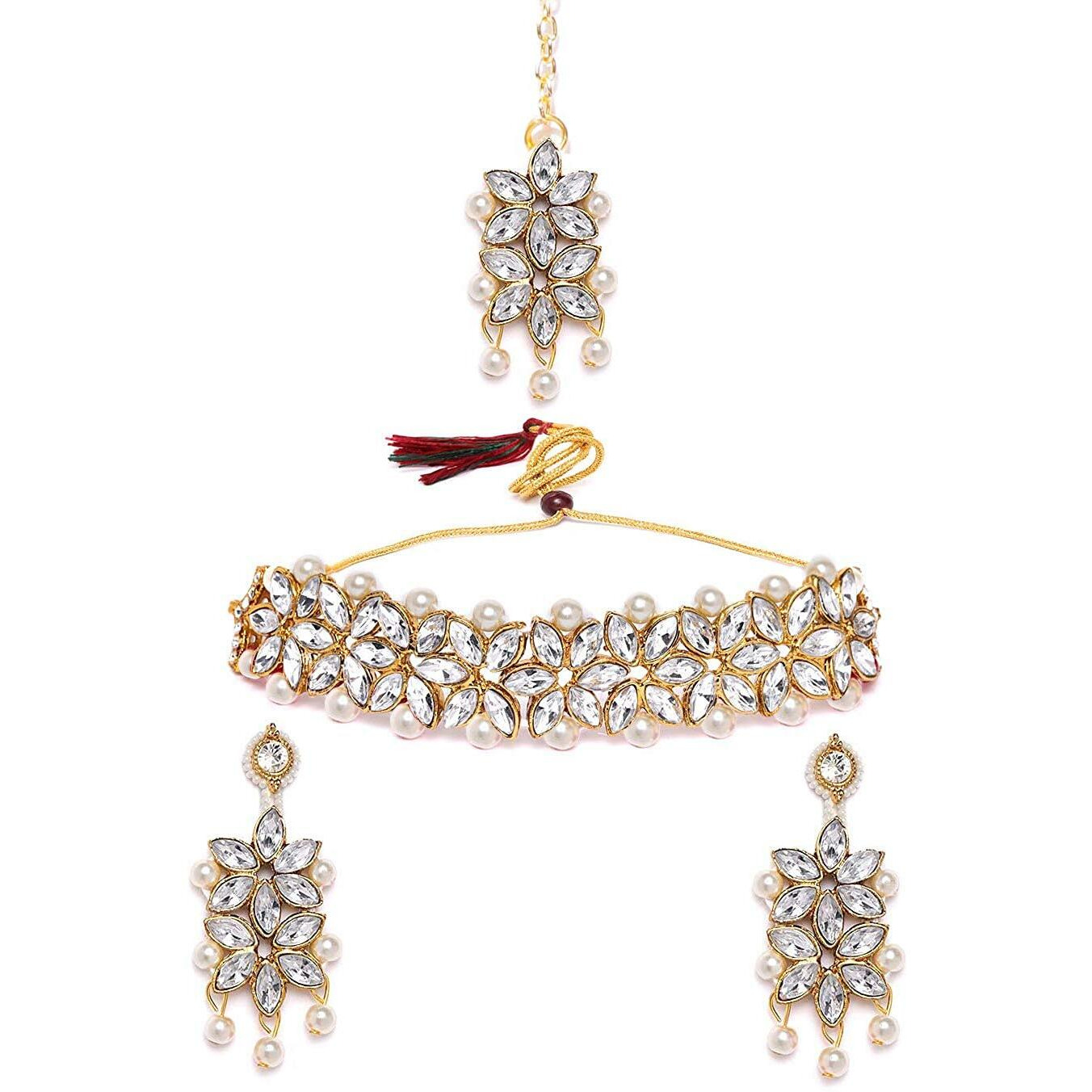 YouBella Jewellery Set for Women Gold Plated Wedding Bridal Traditional Choker Necklace Pearl Necklace Set Jewellery set with Earrings For Girls/Women (White)