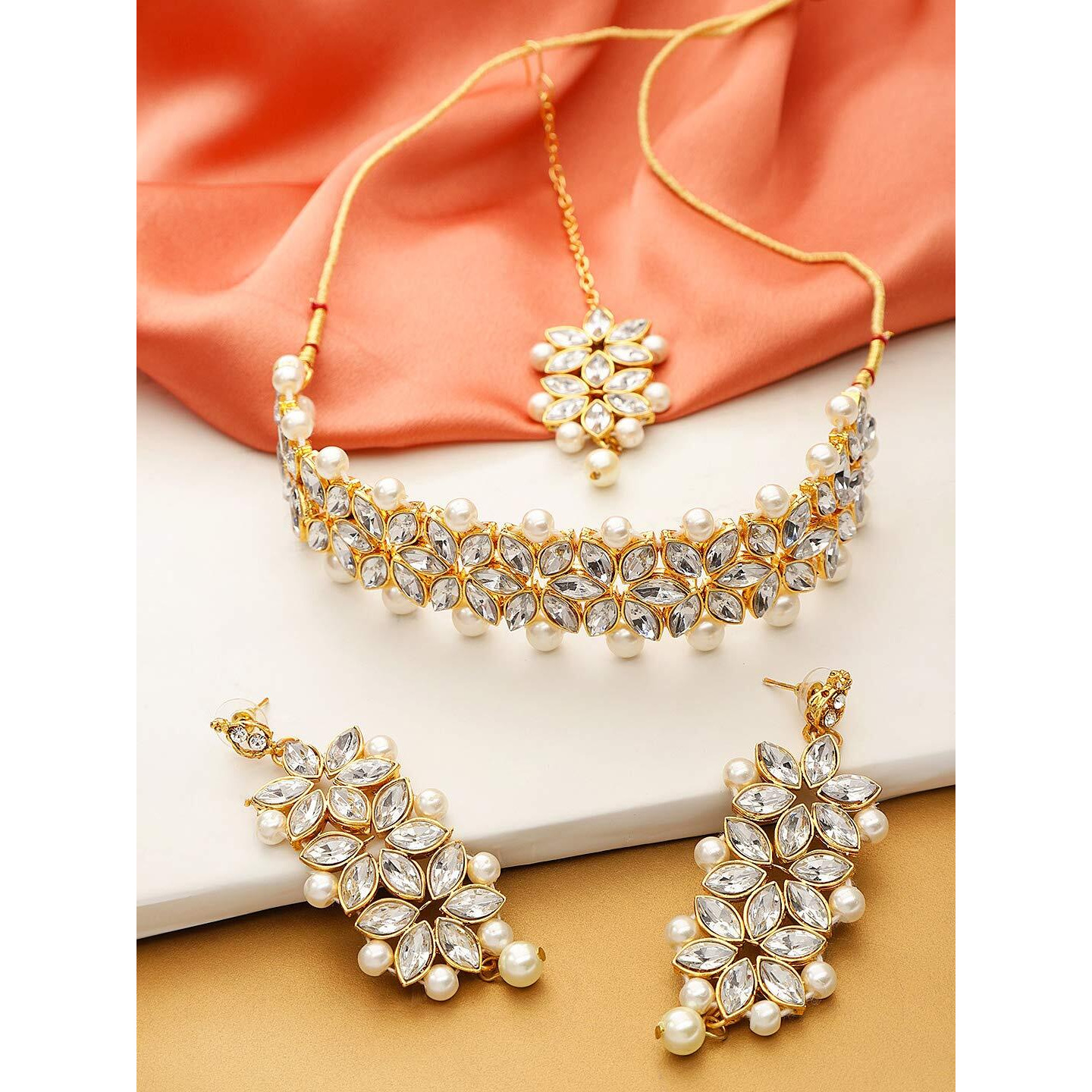YouBella Jewellery Set for Women Gold Plated Wedding Bridal Traditional Choker Necklace Pearl Necklace Set Jewellery set with Earrings For Girls/Women (White)