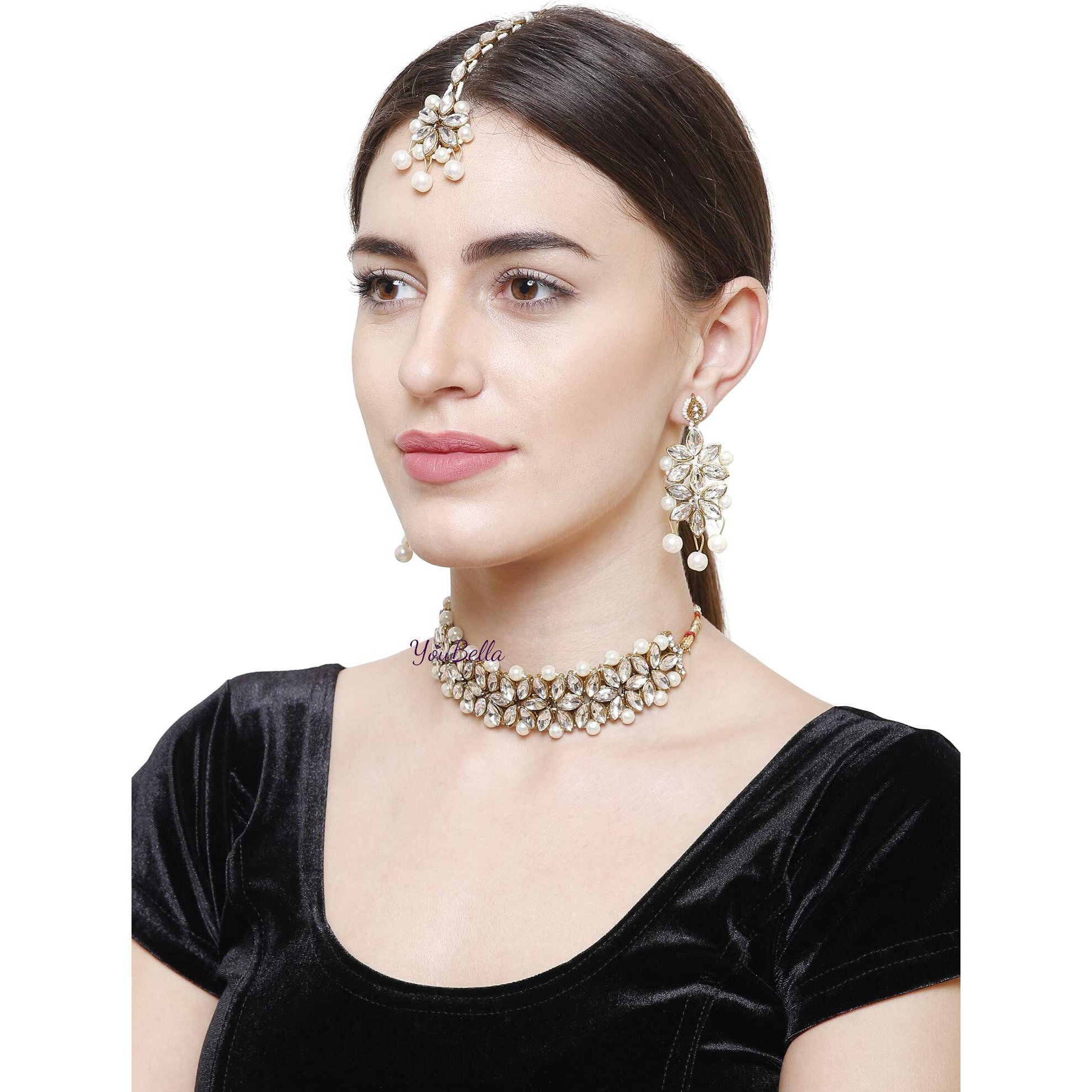 YouBella Jewellery Set for Women Gold Plated Wedding Bridal Traditional Choker Necklace Pearl Necklace Set Jewellery set with Earrings For Girls/Women (White)