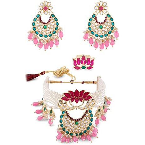 ZAVERI PEARLS Green & Pink Meenakari Lotus Multistrand Pearls Choker Necklace Earring & Ring Set For Women-ZPFK14831
