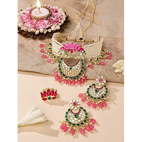 ZAVERI PEARLS Green & Pink Meenakari Lotus Multistrand Pearls Choker Necklace Earring & Ring Set For Women-ZPFK14831