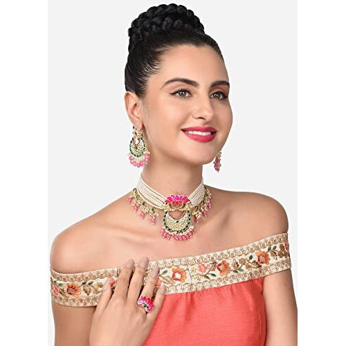 ZAVERI PEARLS Green & Pink Meenakari Lotus Multistrand Pearls Choker Necklace Earring & Ring Set For Women-ZPFK14831
